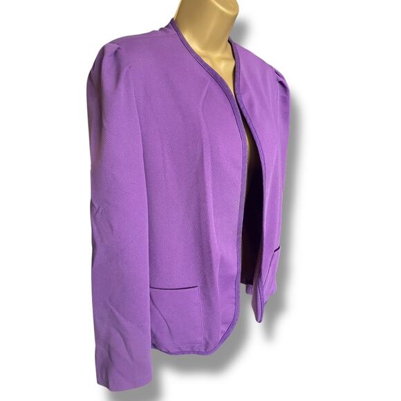 Vintage Purple Open Front Blazer Jacket Women’s Puff Shoulder Pockets Size M - Picture 4 of 8